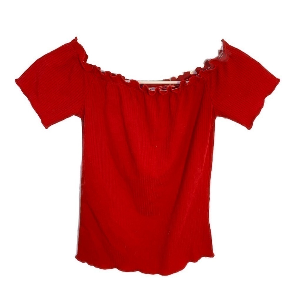 Iris Women's Size Small Off Shoulder Ribbed Top Red Lettuce Hem Short Sleeve